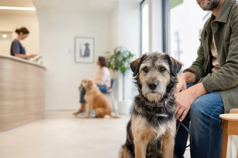 Ein Terrier sitzt ruhig neben seinem Besitzer im hellen Wartezimmer einer modernen Tierarztpraxis.